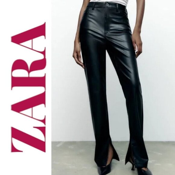 ZARA Faux Leather Slim Bootcut Flare Ankle Zip Full Length Pants Black, Size XS - Picture 16 of 16